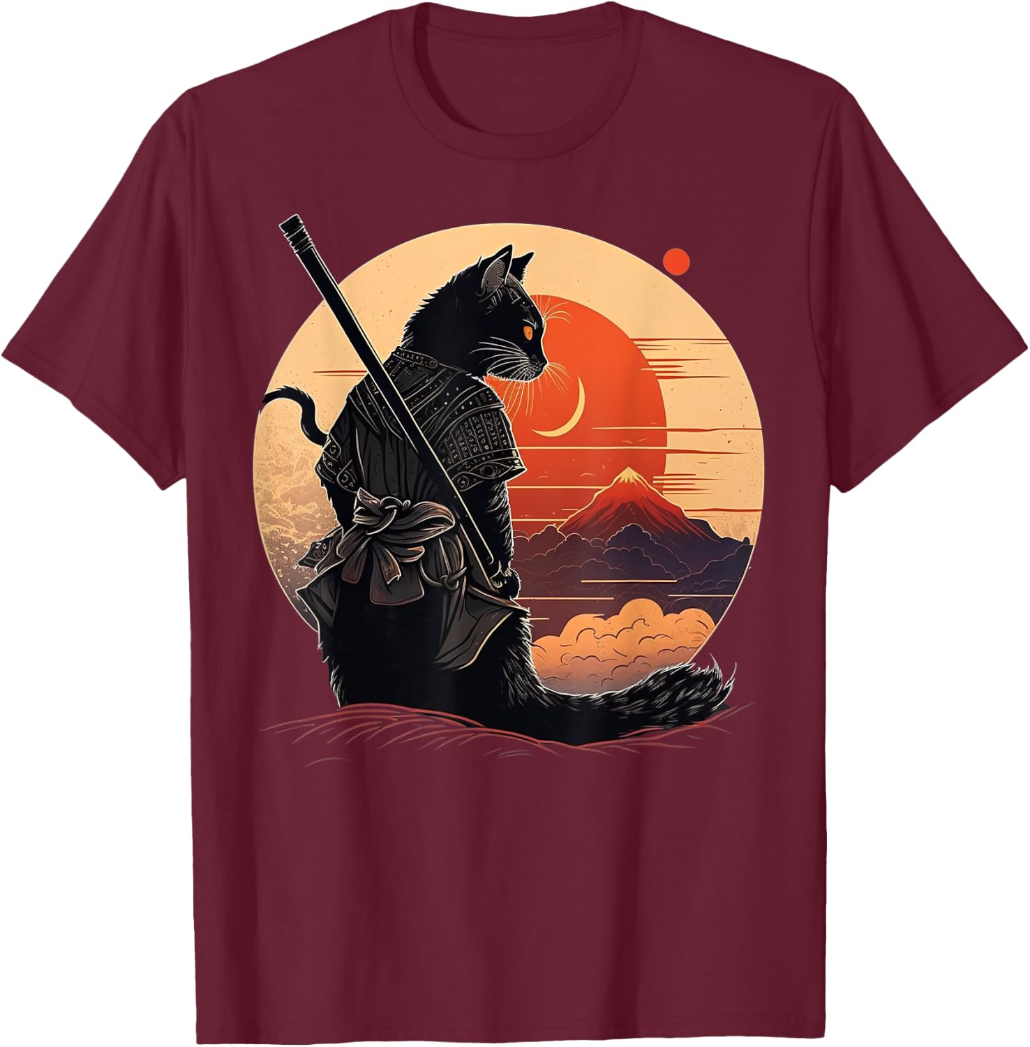 Vintage Japanese Sunset Style and samurai cat Kitten Lover Men Women Kids T-Shirt - T-Shirt | Maroon