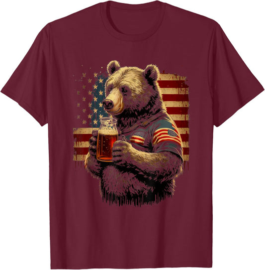 Patriotic Day Bear Drinking Beer Men T-Shirt - T-Shirt | Maroon