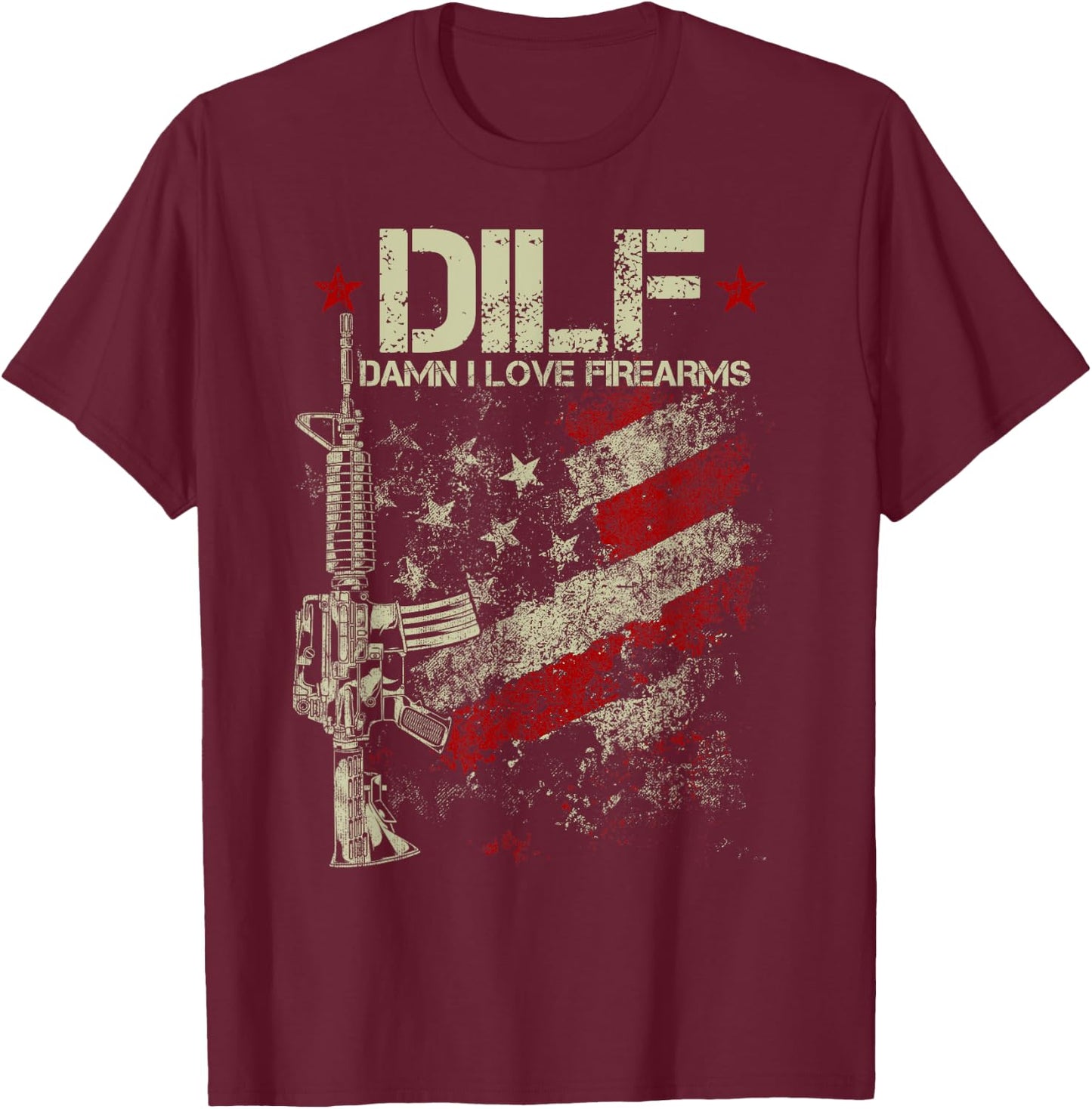 Funny DILF - Damn I Love Firearms Gun American Flag T-Shirt - T-Shirt | Maroon