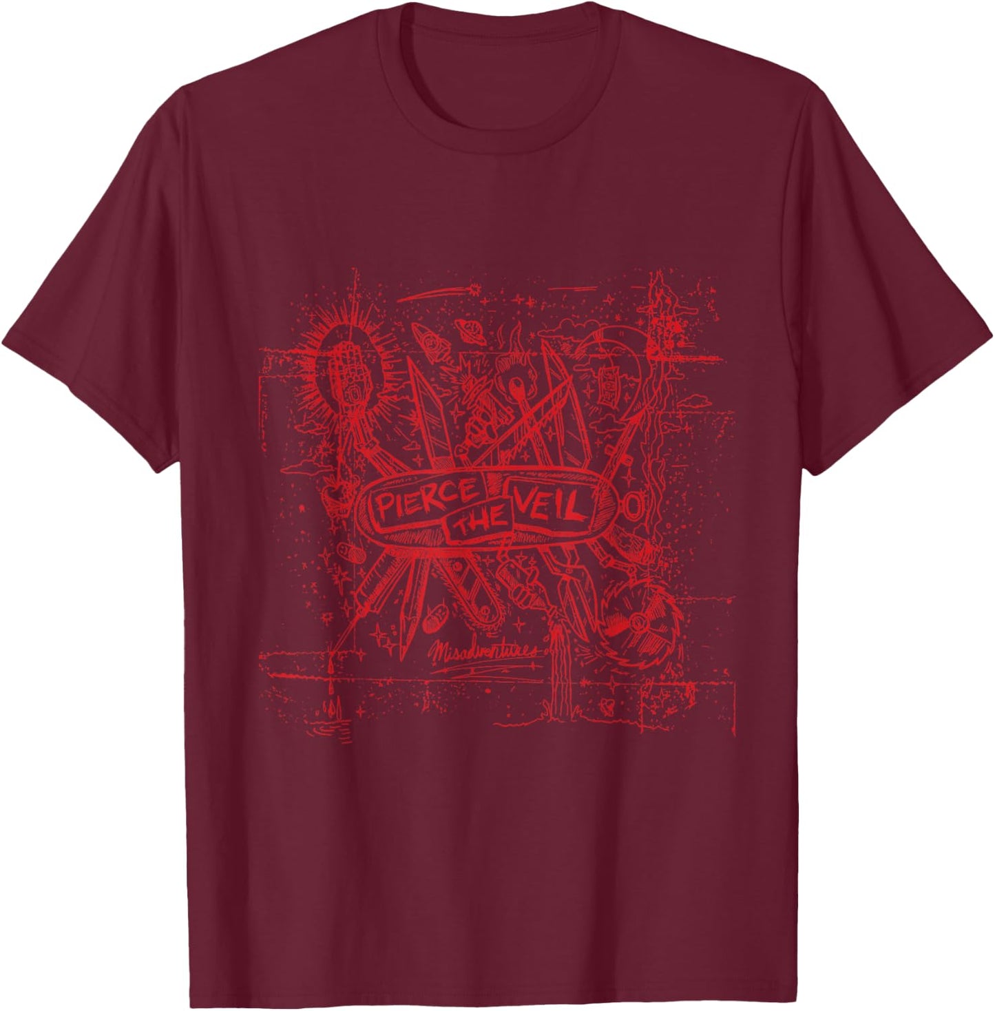 Pierce The Veil - Misadventures Cover in Red Print T-Shirt - T-Shirt | Maroon