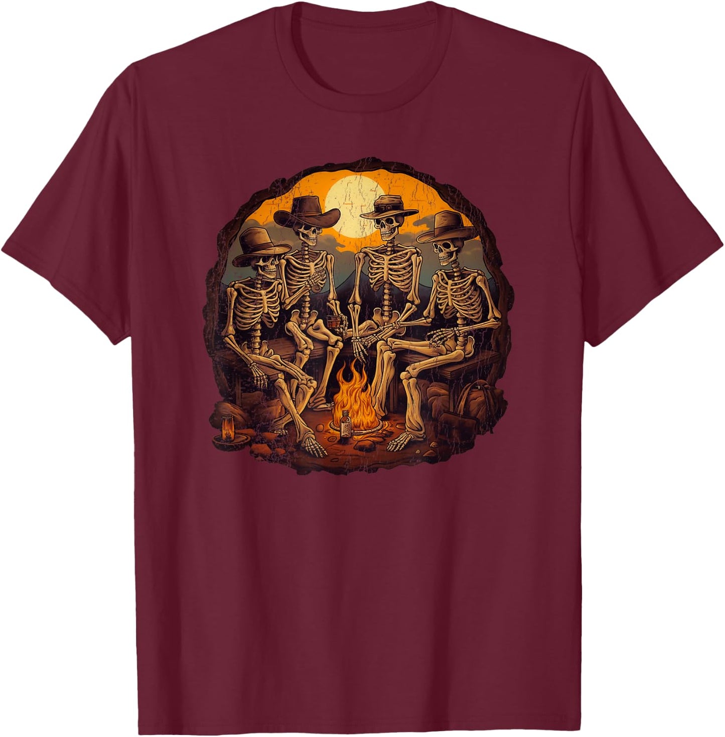 Cowboy skeletons sitting on the fire retro distress T-Shirt - T-Shirt | Maroon