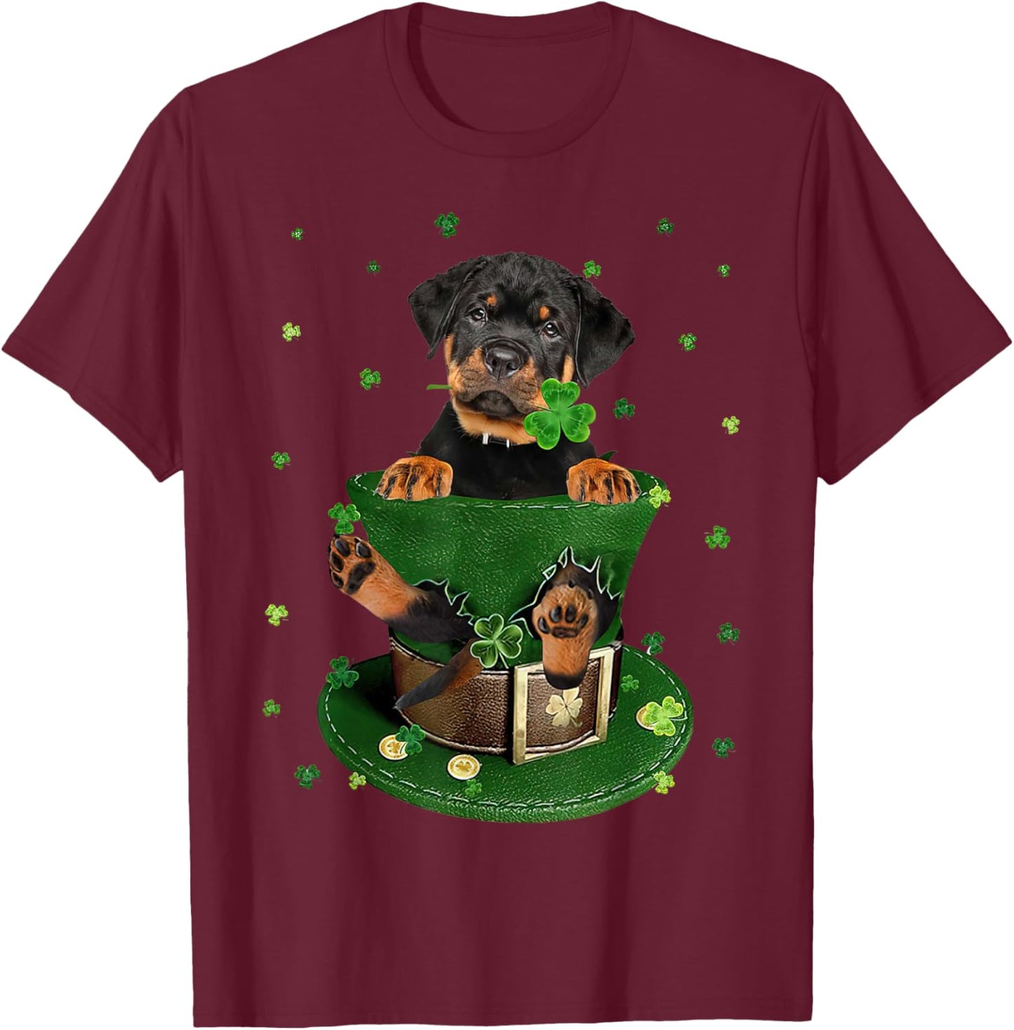 St Patrick's Day Leprechaun Rottweiler Dog Shamrock Irish T-Shirt - T-Shirt | Maroon