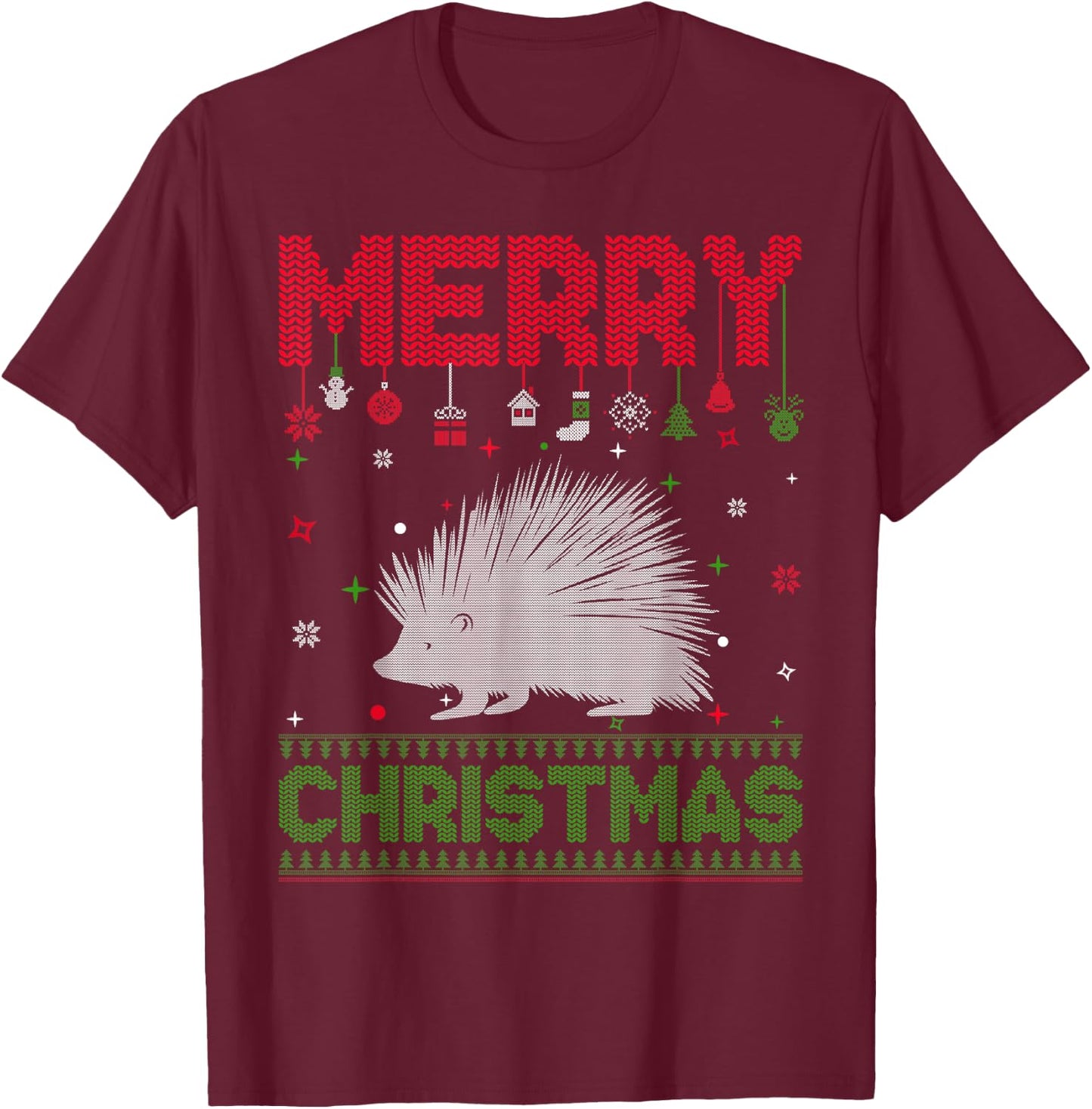 Ugly Holiday Sweater Christmas Funny Porcupine Graphic T-Shirt - T-Shirt | Maroon