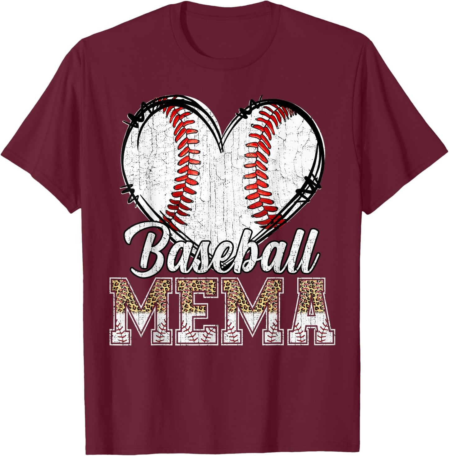 Softball Baseball Mema Heart Leopard Print Mother's Day T-Shirt - T-Shirt | Maroon