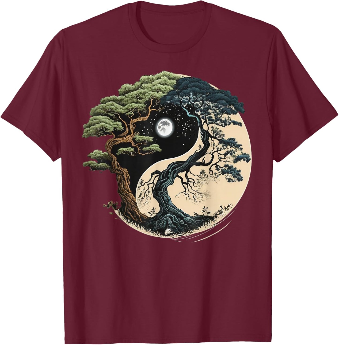 Yin Yang Tree of Life on Buddhist Bonsai Tree T-Shirt - T-Shirt | Maroon