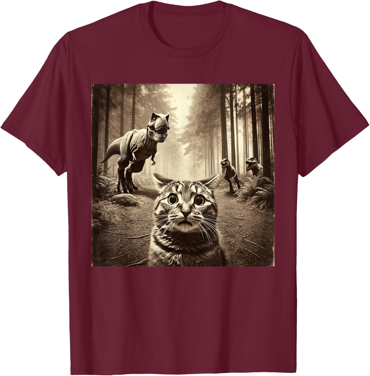 Funny Last Selfie Of Cat Before T-Rex Attack Hilarious Cat T-Shirt - T-Shirt | Maroon