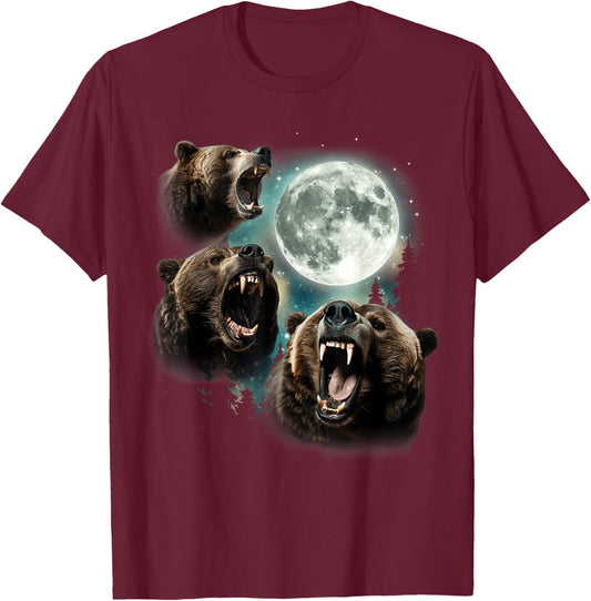 Three Grizzly Bears Howl At Moon Starry Mountain Forest Bear T-Shirt - T-Shirt | Maroon