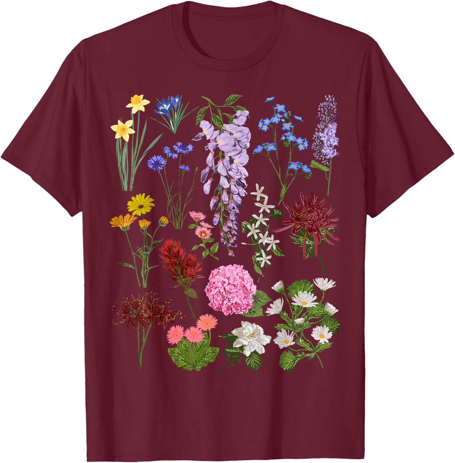 Vintage Flower Botanical Illustration Chart Plant T-Shirt - T-Shirt | Maroon