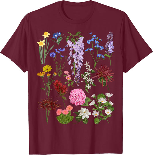 Vintage Flower Botanical Illustration Chart Plant T-Shirt - T-Shirt | Maroon
