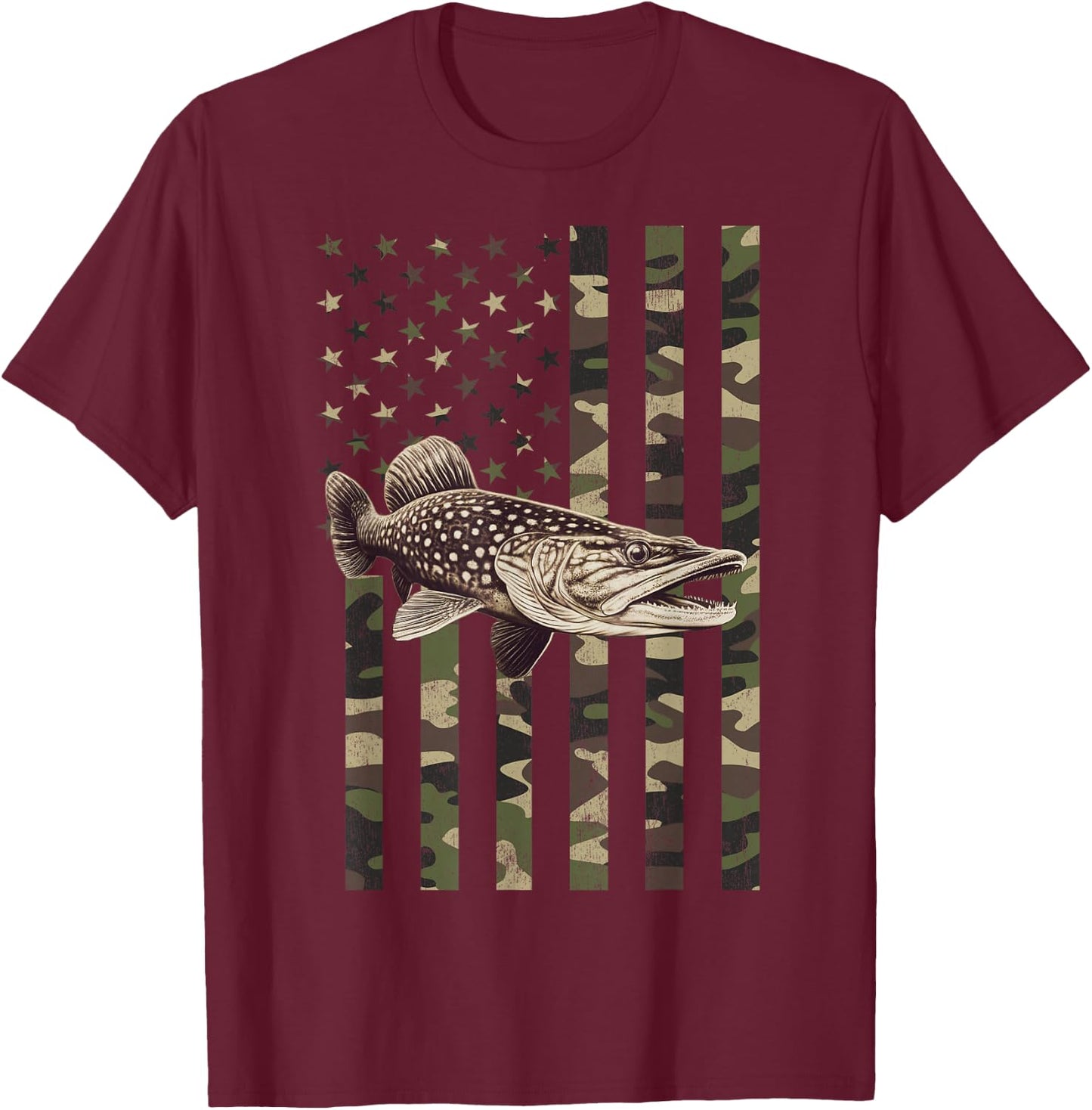 Northern Pike with Camo American Flag, Northern Pike T-Shirt - T-Shirt | Maroon