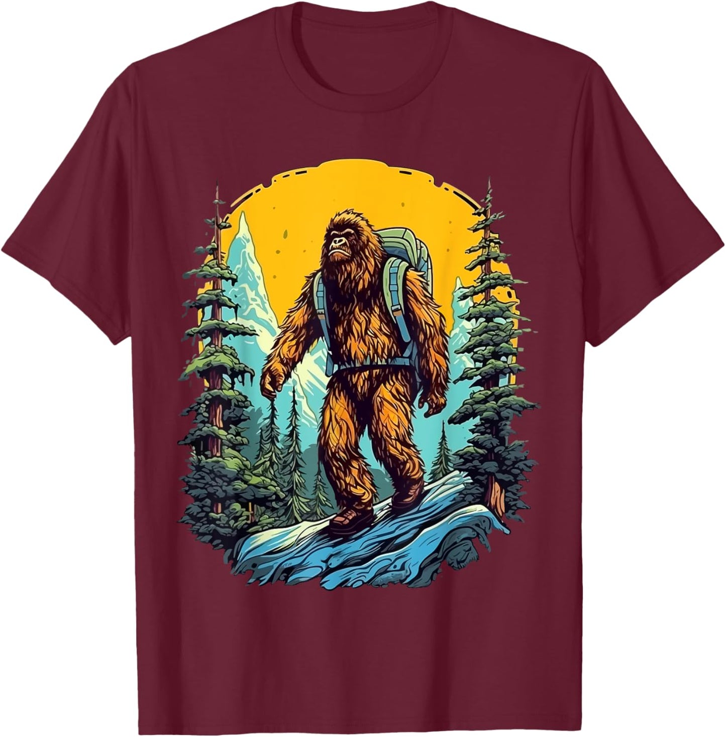 Aesthetic Outdoor Mountain Adventure Hiking Bigfoot T-Shirt - T-Shirt | Maroon