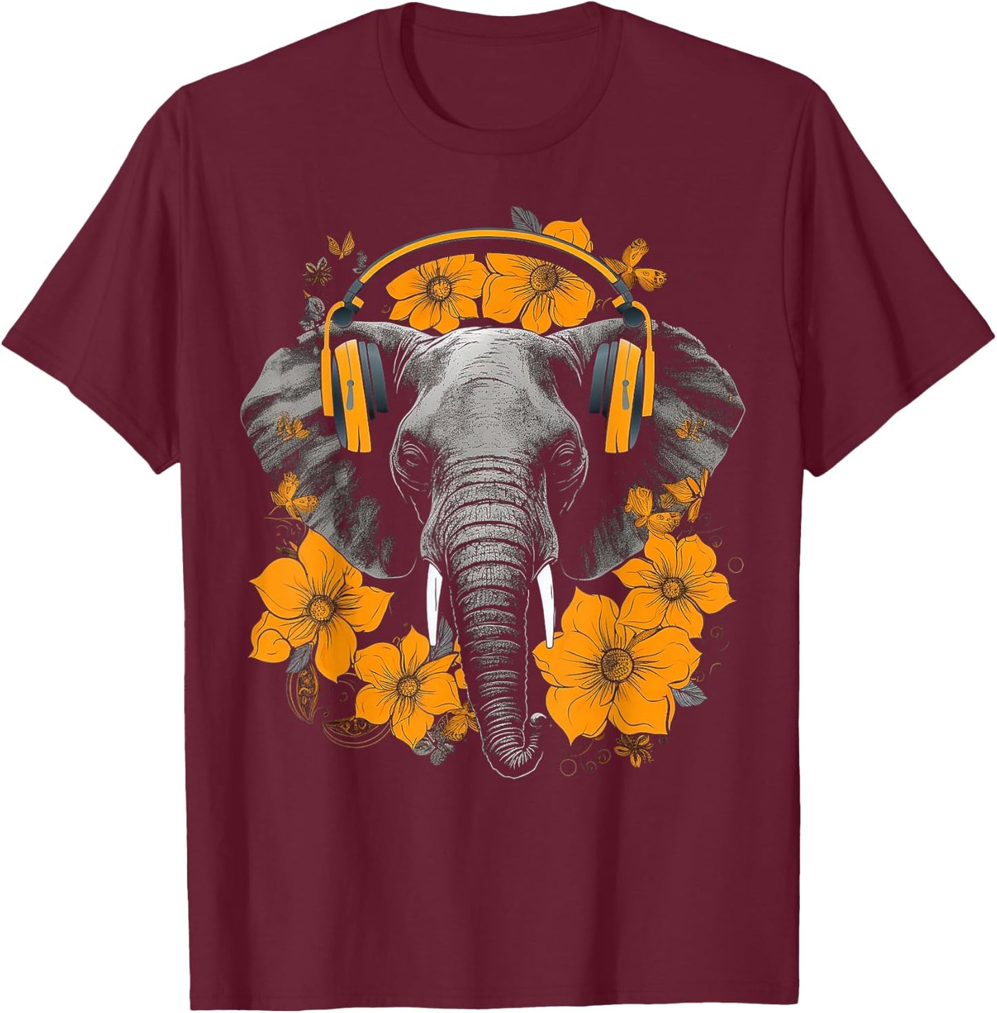 Elephant Headphones Artwork | Music Animal Flower Elephant T-Shirt - T-Shirt | Maroon