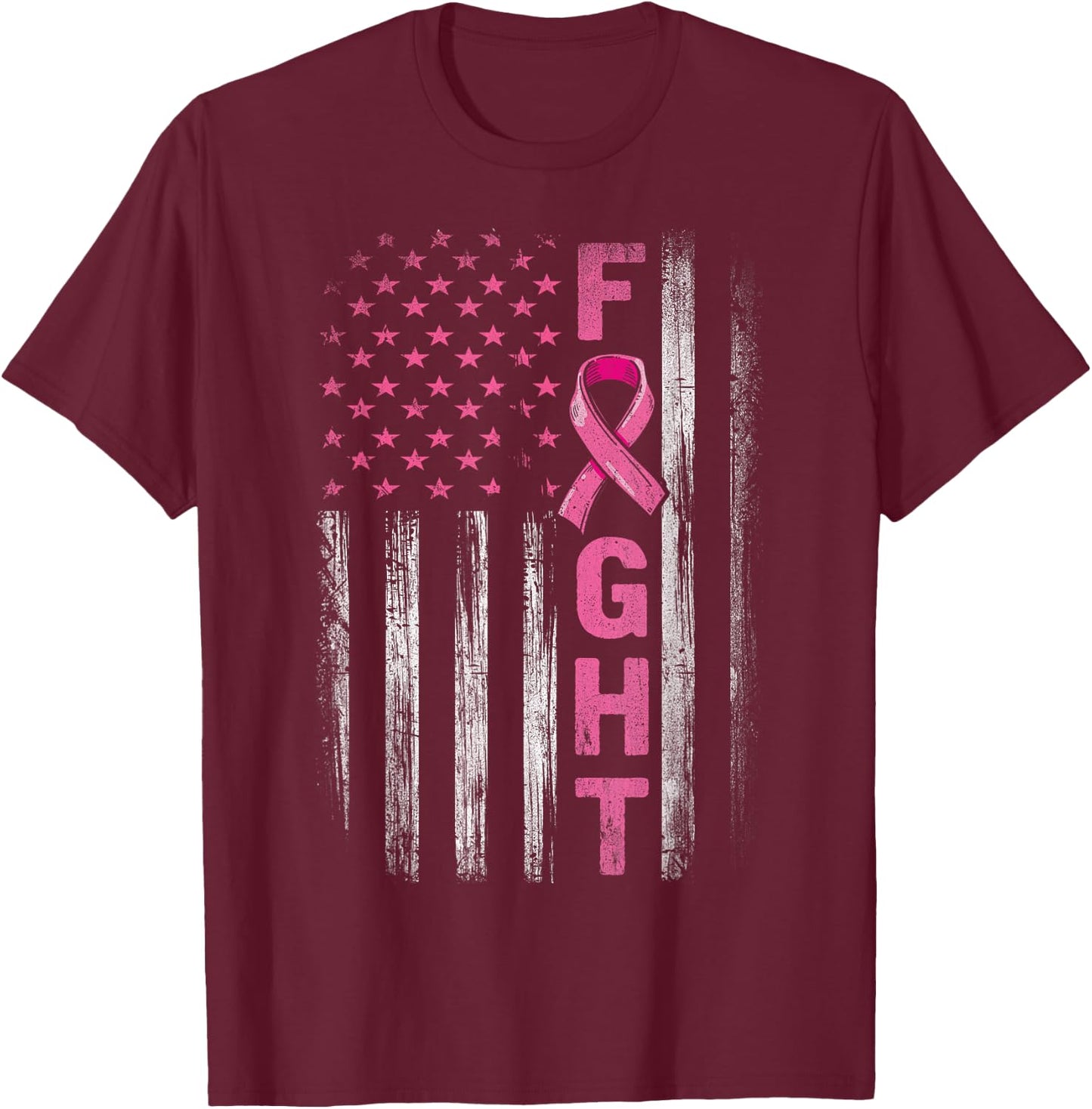 Fight Breast Survivor American Flag Breast Cancer Awareness T-Shirt - T-Shirt | Maroon