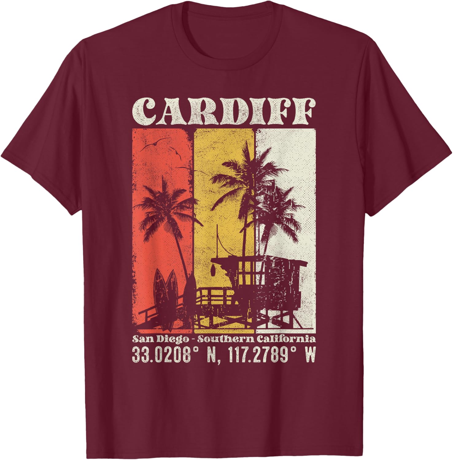 Cardiff San Diego Southern California Coordinates Surf T-Shirt - T-Shirt | Maroon