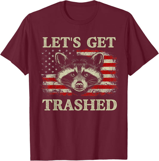 Funny Raccoon Let's Get Trashed Vintage American Flag T-Shirt - T-Shirt | Maroon