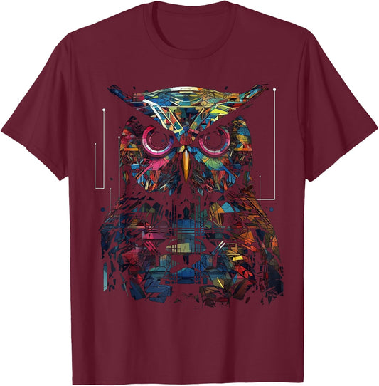Owl Geometric Animal Lover - Colourful Bird Art Animal Owl T-Shirt - T-Shirt | Maroon