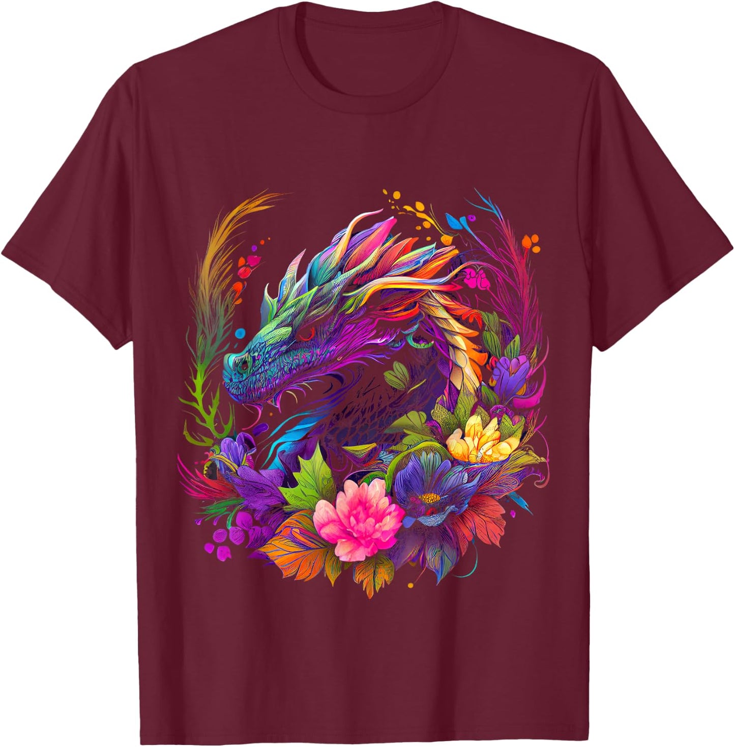 Watercolor Dragon Flowers Beautiful Art Colorful Graphic T-Shirt - T-Shirt | Maroon