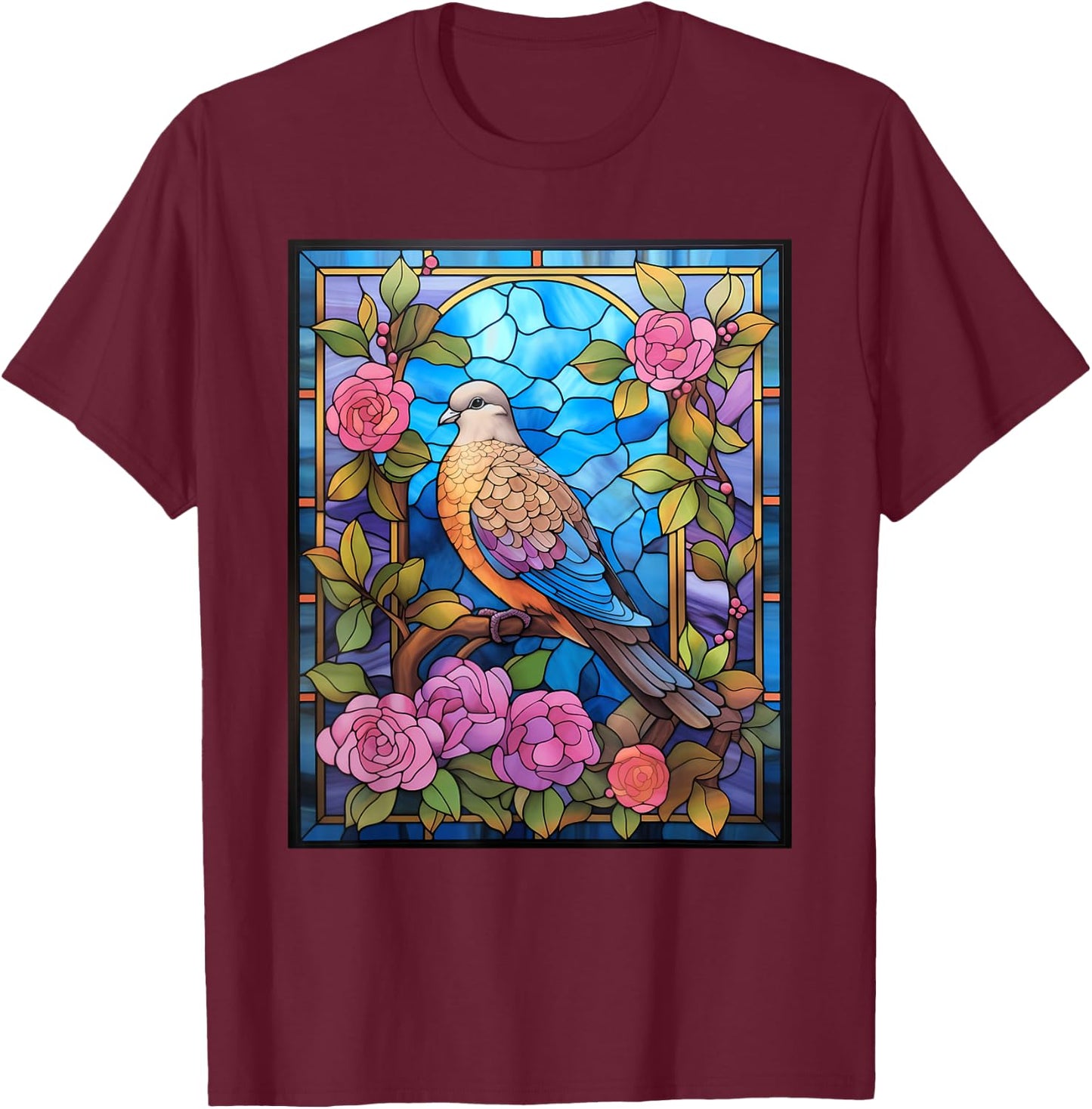 Stained Glass Style Mourning Dove T-Shirt - T-Shirt | Maroon