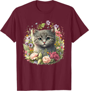 Adorable Cat, Cute Kitten Floral T-Shirt - T-Shirt | Maroon
