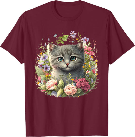 Adorable Cat, Cute Kitten Floral T-Shirt - T-Shirt | Maroon