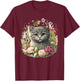 Adorable Cat, Cute Kitten Floral T-Shirt - T-Shirt | Maroon