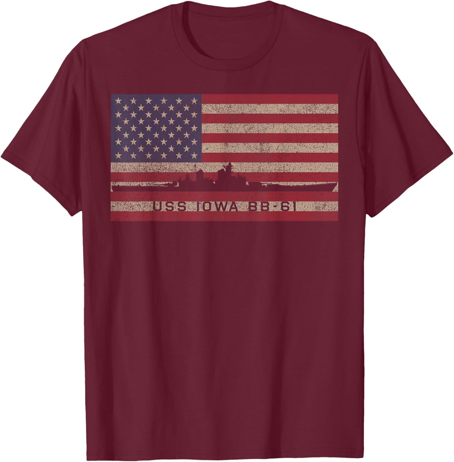 USS Iowa BB-61 WW2 Battleship USA American Flag T-Shirt - T-Shirt | Maroon