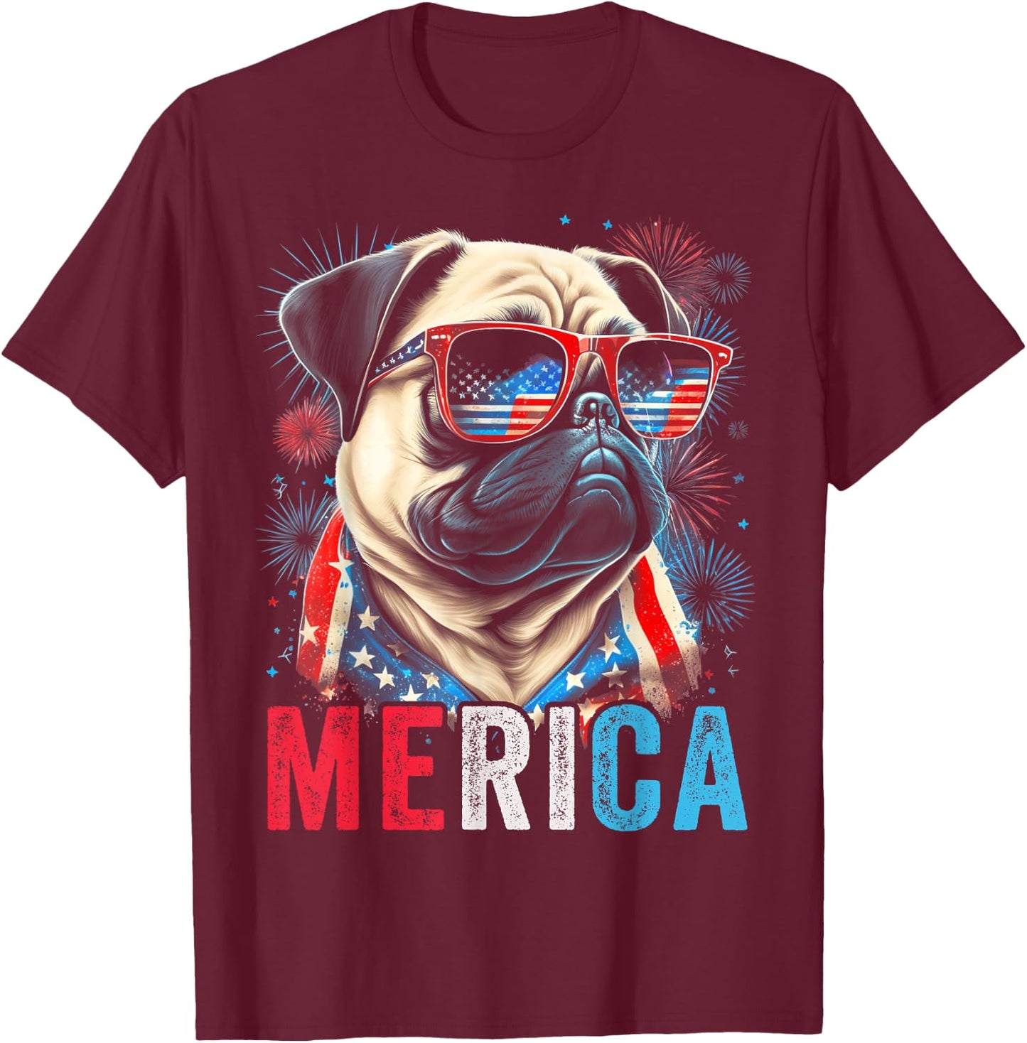 Pug Dog 4th of July American Flag America USA Merica Funny Kids Men T-Shirt - T-Shirt | Maroon
