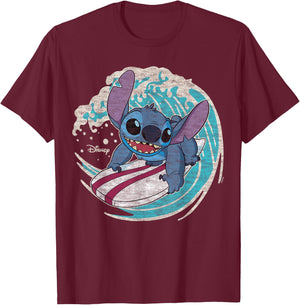 Lilo & Stitch - Stitch Surf T-Shirt - T-Shirt | Maroon