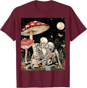 Boho Mushroom Retro Skeleton Couple Vintage Kiss Witchy Moth T-Shirt - T-Shirt | Maroon