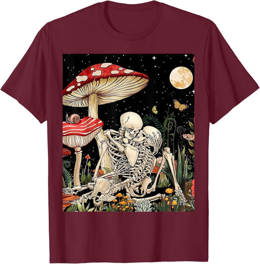 Boho Mushroom Retro Skeleton Couple Vintage Kiss Witchy Moth T-Shirt - T-Shirt | Maroon