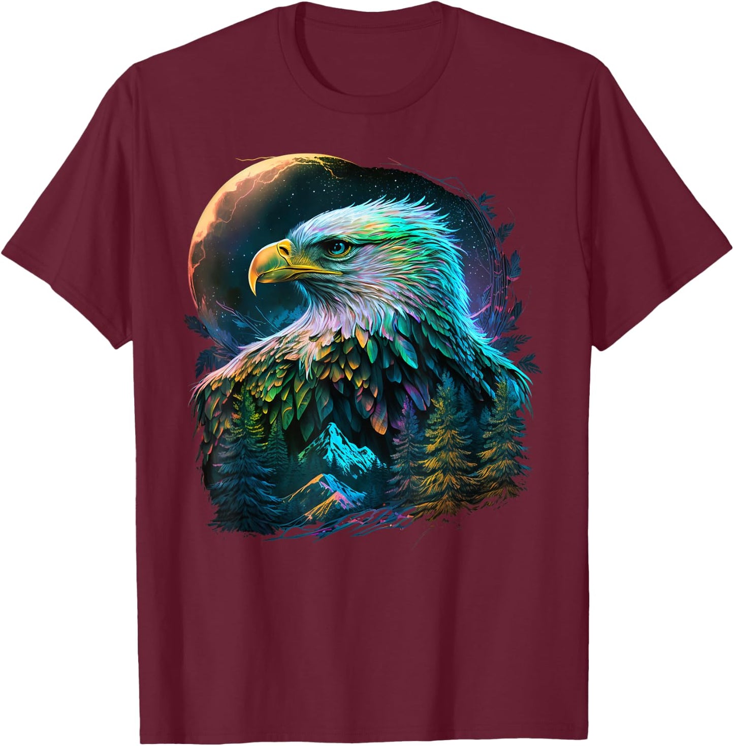 Colorful Realistic Eagle in Wilderness Nature on Moon Eagle T-Shirt - T-Shirt | Maroon