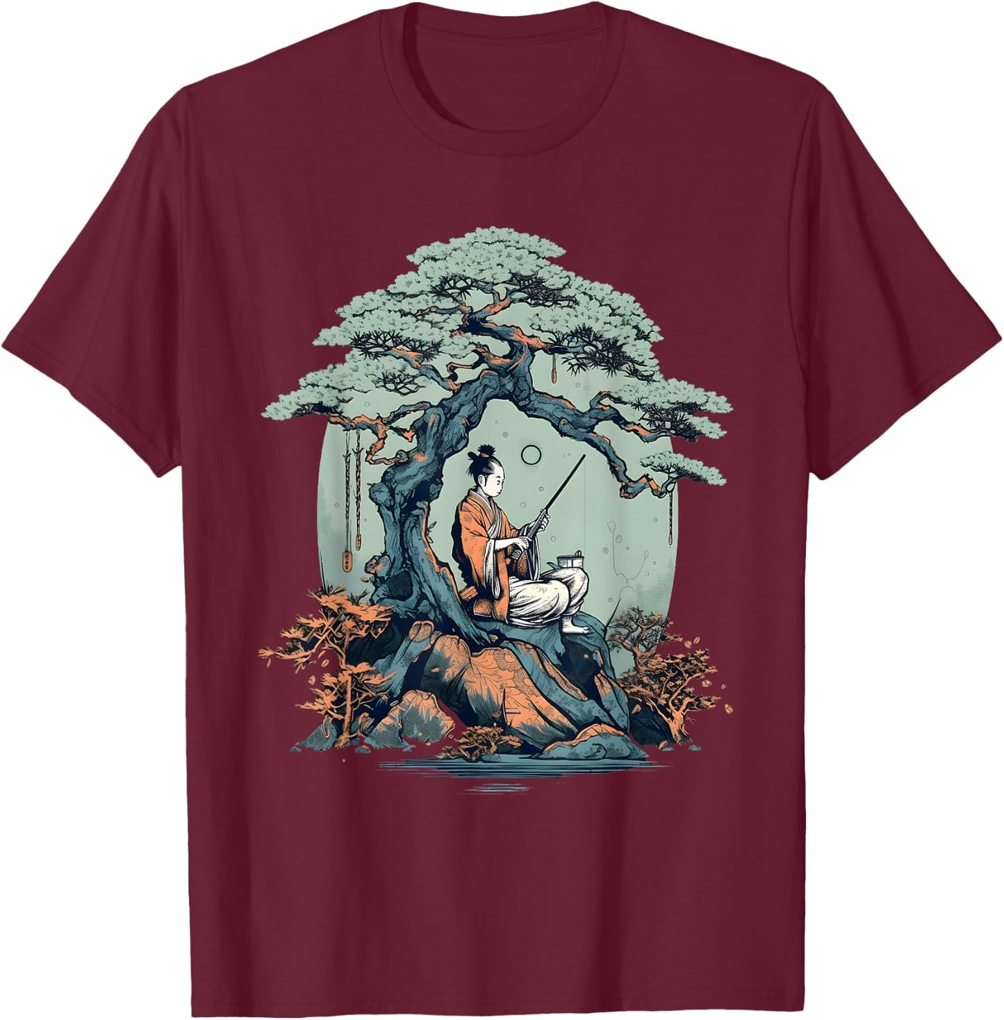 Relaxing Samurai Bonsai Tree T-Shirt - T-Shirt | Maroon