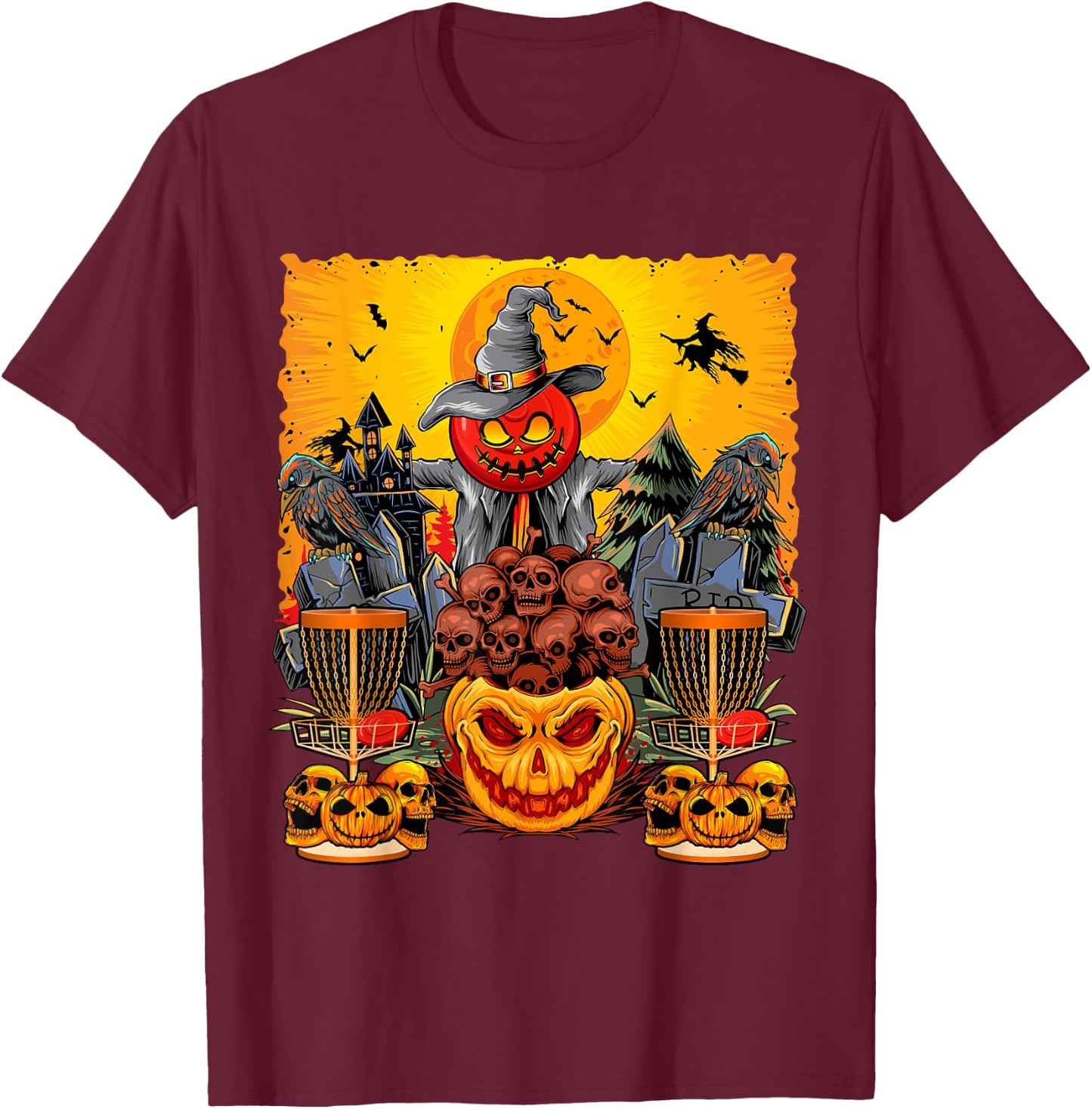 Disc Golf Faces Halloween Skulls Horror Pumpkins Player T-Shirt - T-Shirt | Maroon