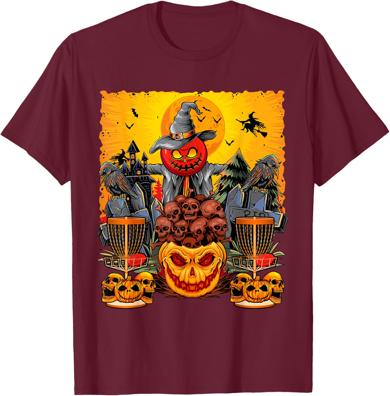 Disc Golf Faces Halloween Skulls Horror Pumpkins Player T-Shirt - T-Shirt | Maroon
