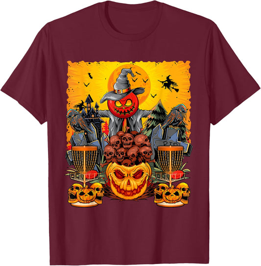 Disc Golf Faces Halloween Skulls Horror Pumpkins Player T-Shirt - T-Shirt | Maroon