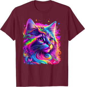 Colorful Rainbow Cat Graphic T-Shirt - T-Shirt | Maroon