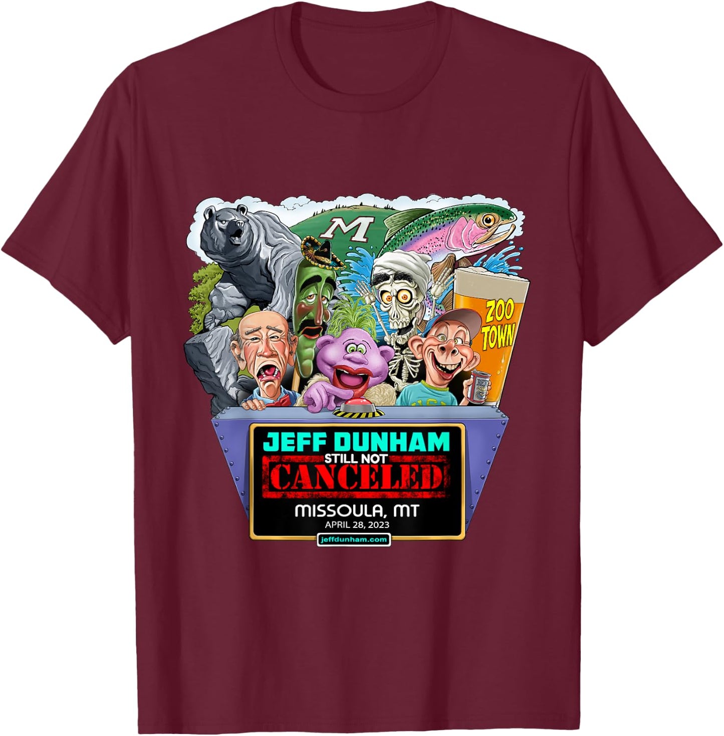Jeff Dunham Missoula, MT (2023) T-Shirt - T-Shirt | Maroon