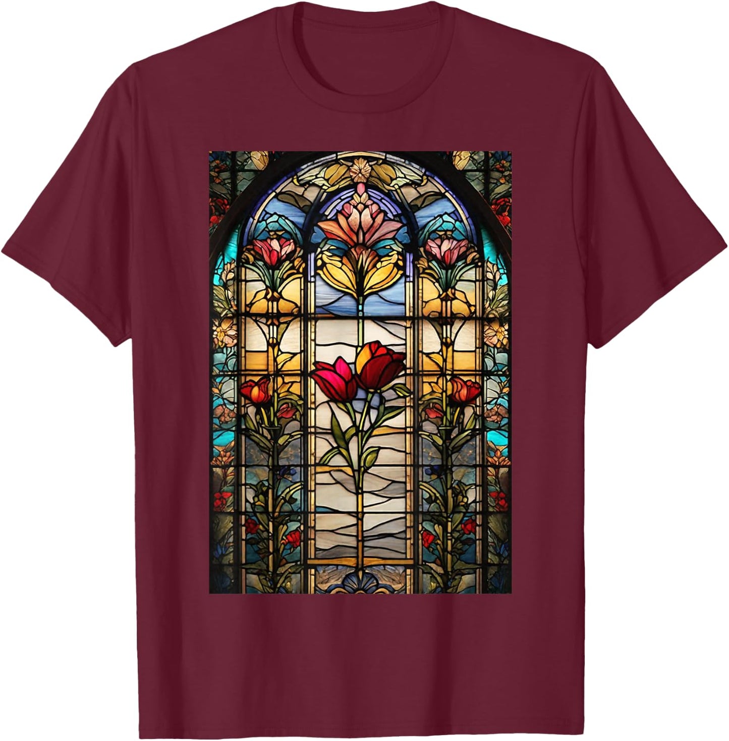Stained-Glass Style Floral Art Flowers Surreal Print T-Shirt - T-Shirt | Maroon