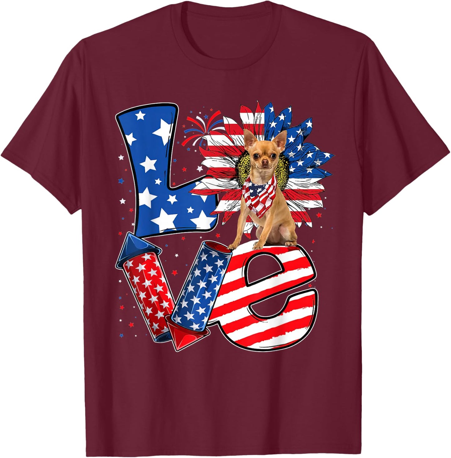 4th of July Decor Patriotic LOVE Chihuahua Dog USA Flag T-Shirt - T-Shirt | Maroon