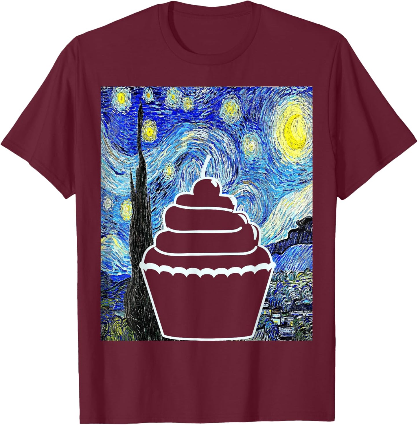 Cupcake Starry Night Cupcake Lover Baking Painting T-Shirt - T-Shirt | Maroon