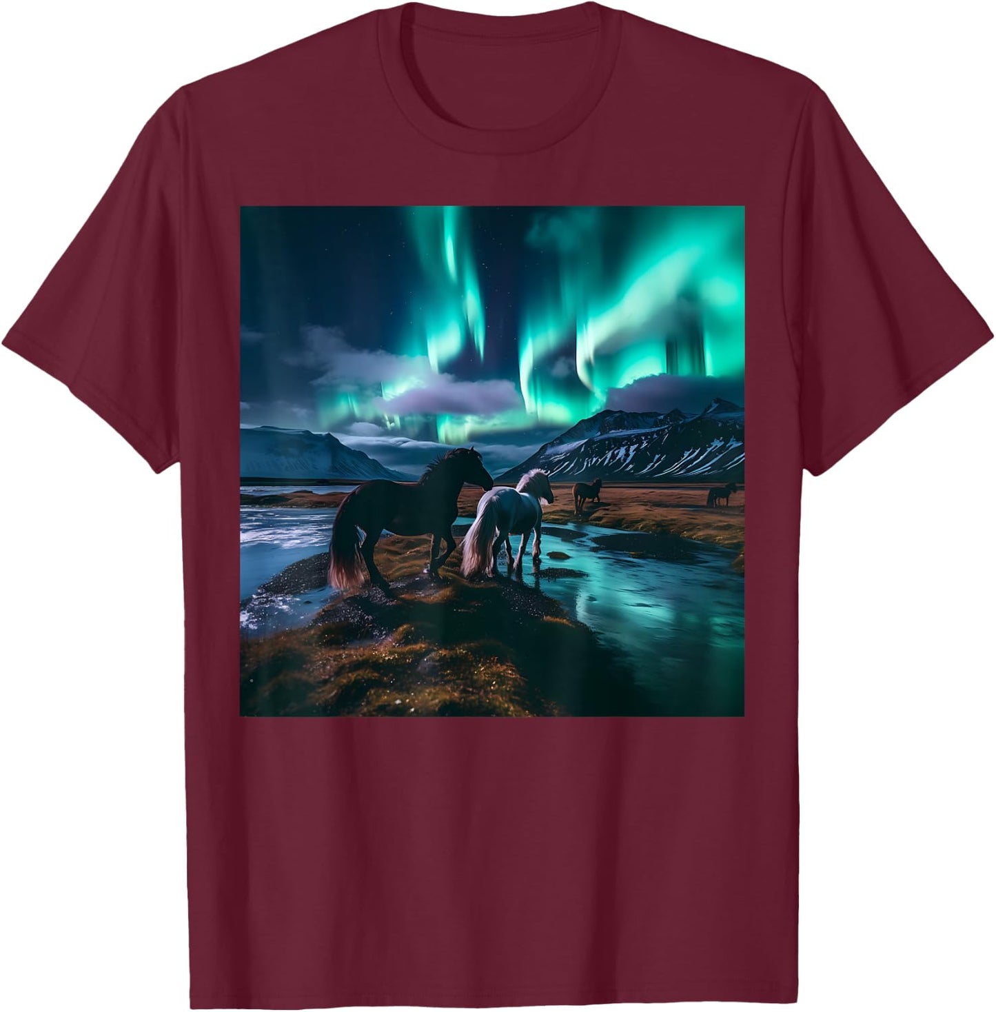 Iceland Northern Lights Landscape Wilderness Horse Souvenir T-Shirt - T-Shirt | Maroon