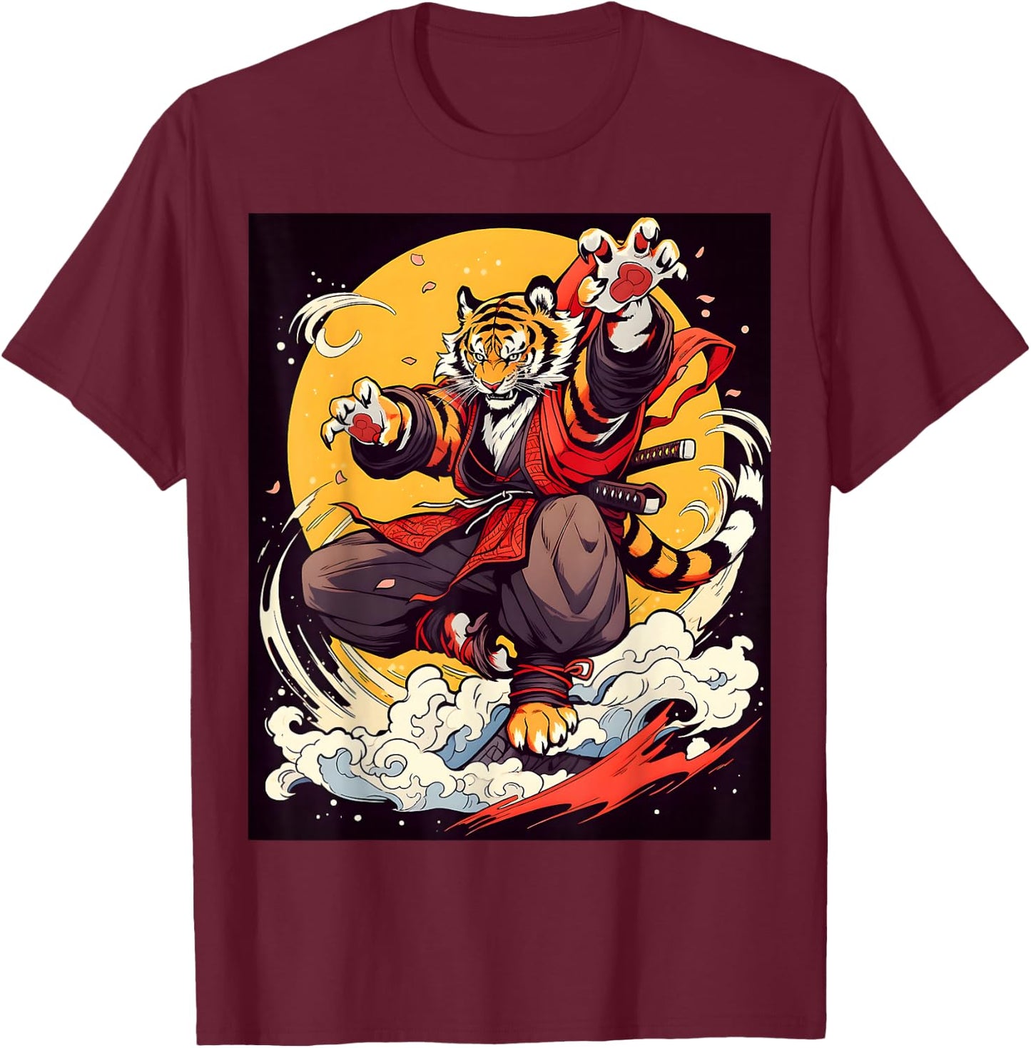 Design Featuring a Majestic Tiger in the World of Kabuki T-Shirt - T-Shirt | Maroon