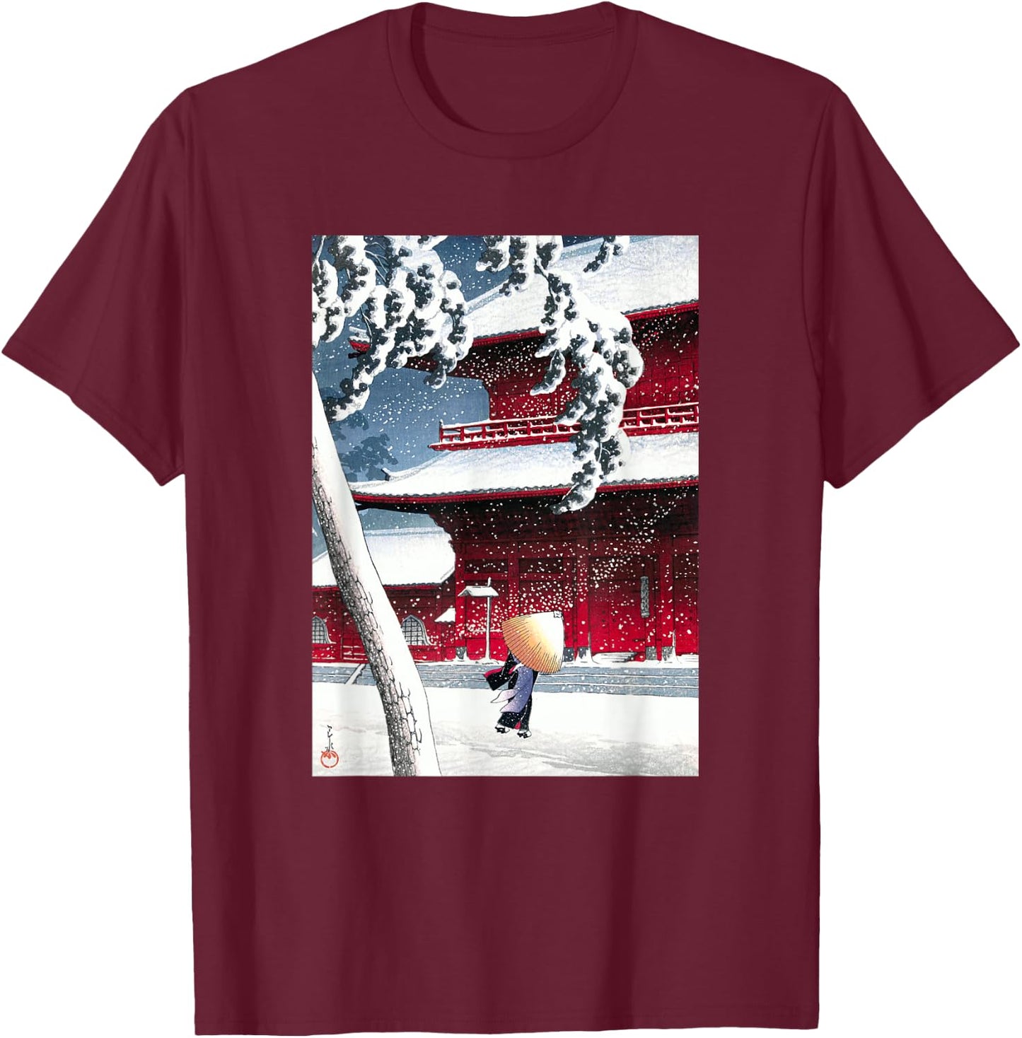 Zojo Shrine in Shiba by Hasui Kawase Shin-hanga Ukiyo-e T-Shirt - T-Shirt | Maroon