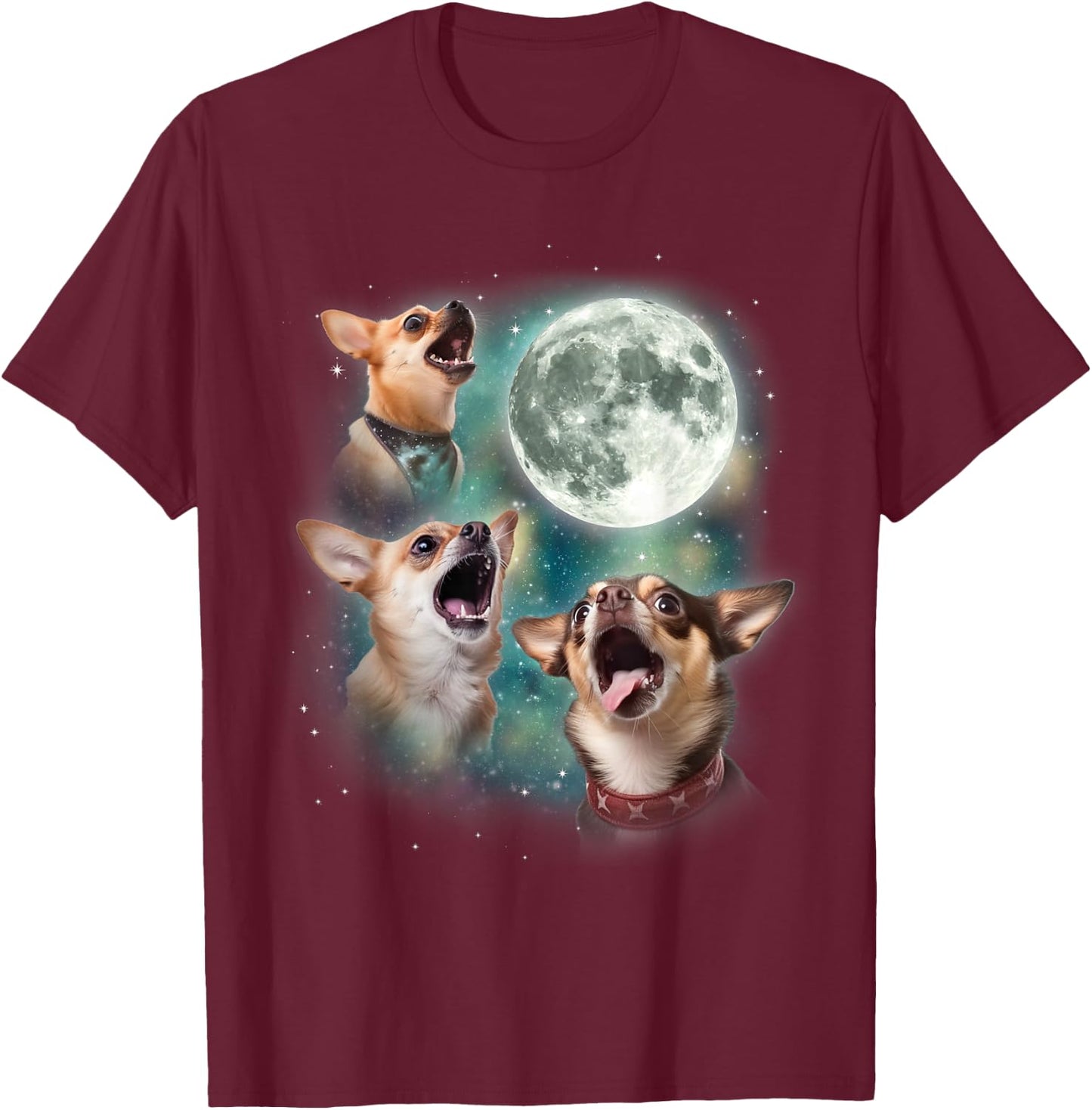 Three Chihuahuas Howl at Moon | 3 Dogs Funny Wolves Parody T-Shirt - T-Shirt | Maroon