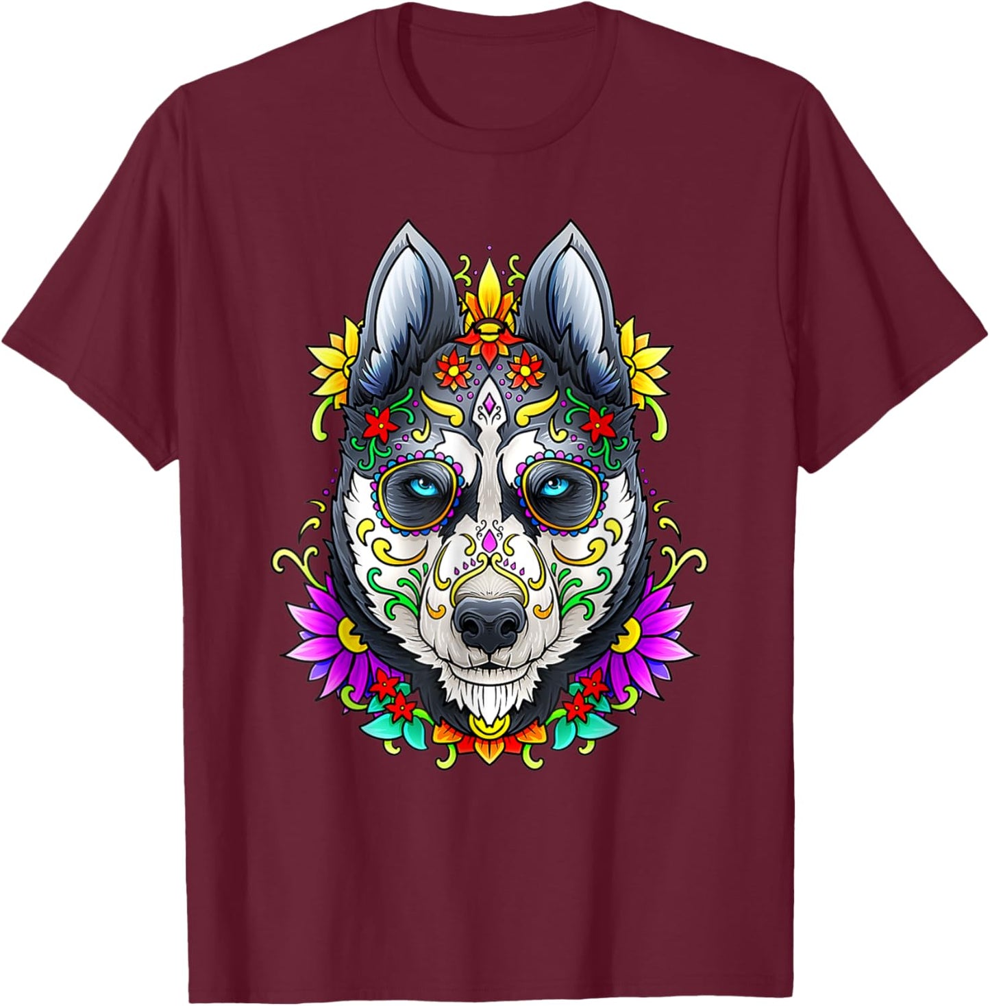 Alaskan Husky Skull Dog Day of The Dead Sugar Skull Dog Women Kids T-Shirt - T-Shirt | Maroon