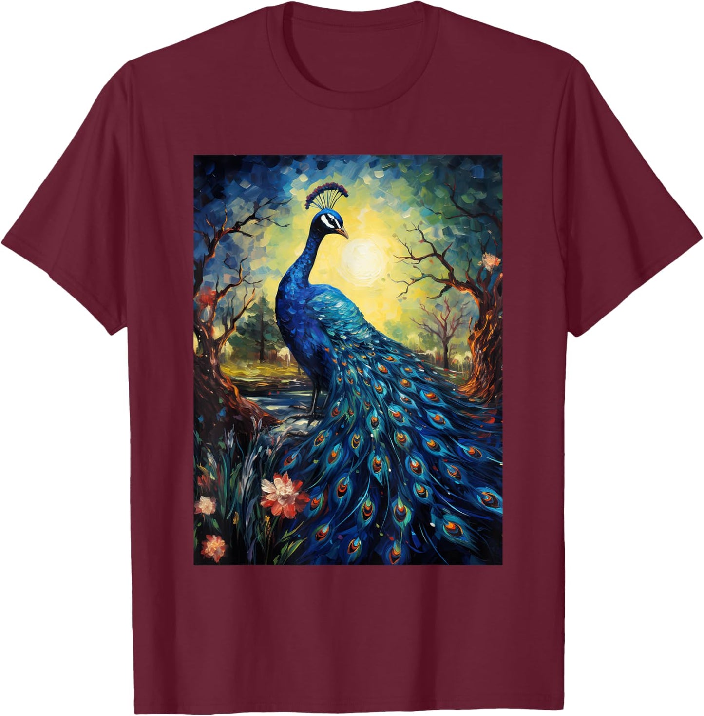 Peacock Starry Night Van Gogh Style Graphic T-Shirt - T-Shirt | Maroon