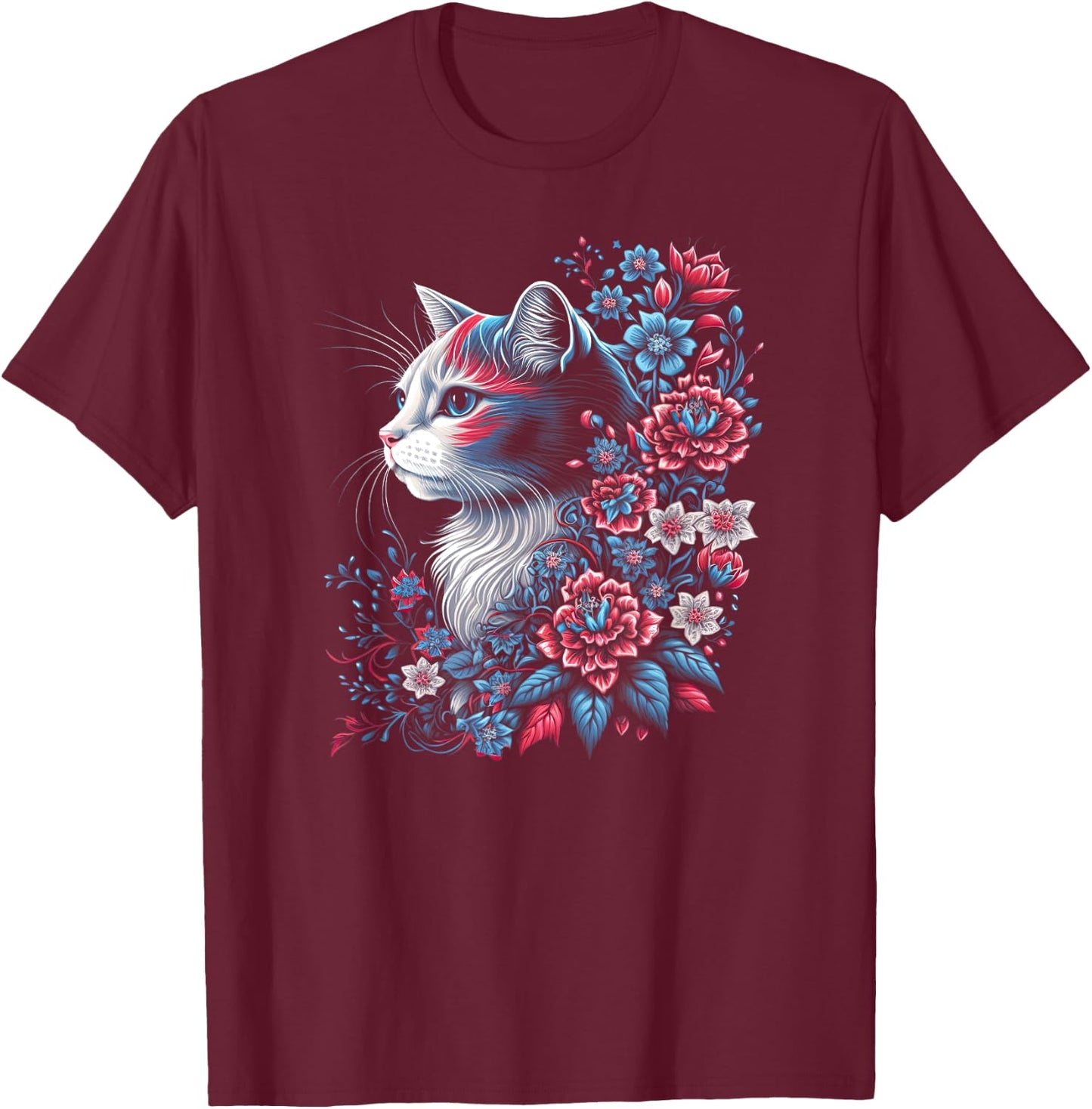Floral Cat - Red White and Blue 4th of July Patriotic Women Kids Men T-Shirt - T-Shirt | Maroon