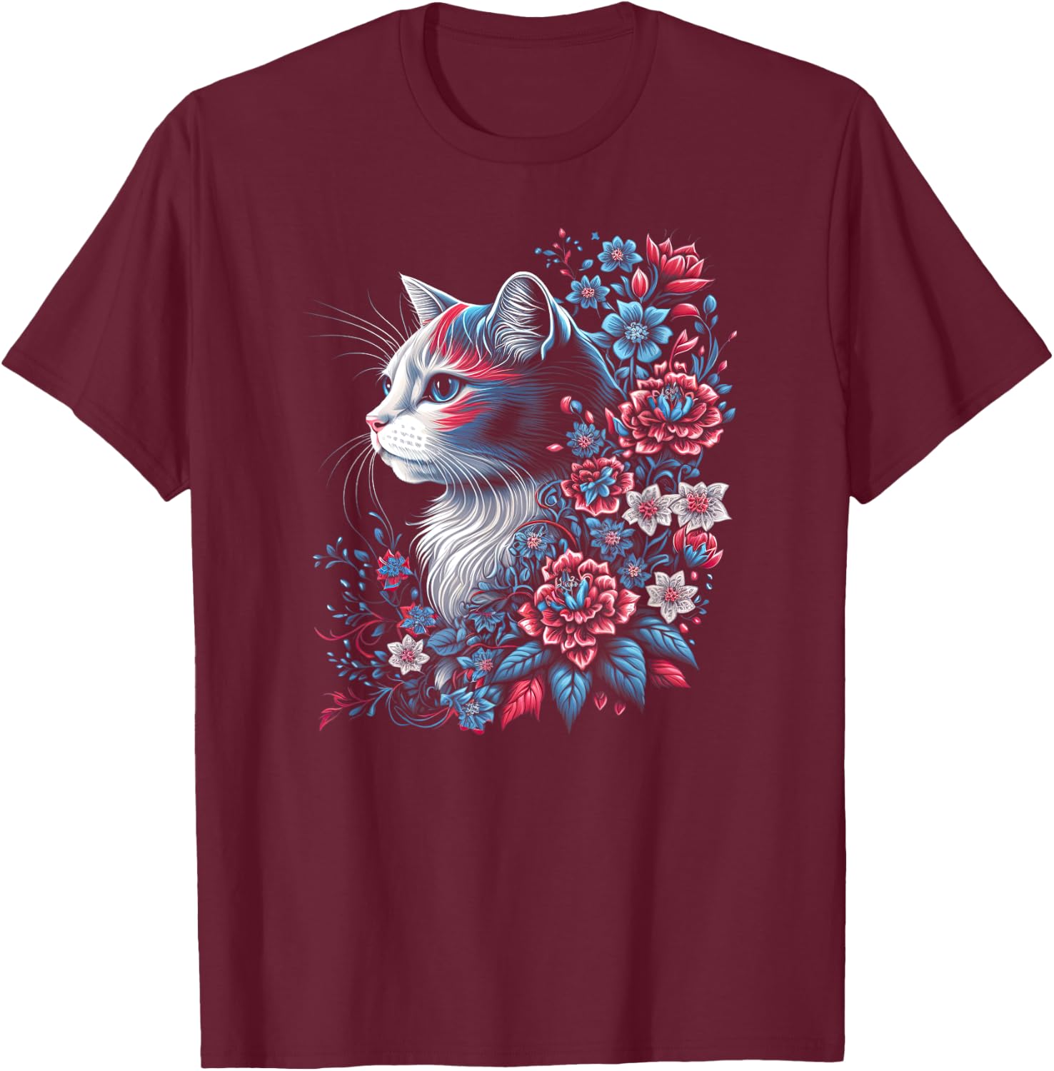 Floral Cat - Red White and Blue 4th of July Patriotic Women Kids Men T-Shirt - T-Shirt | Maroon