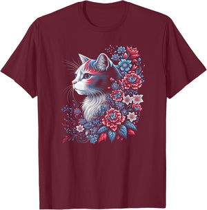 Floral Cat - Red White and Blue 4th of July Patriotic Women Kids Men T-Shirt - T-Shirt | Maroon