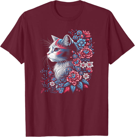 Floral Cat - Red White and Blue 4th of July Patriotic Women Kids Men T-Shirt - T-Shirt | Maroon